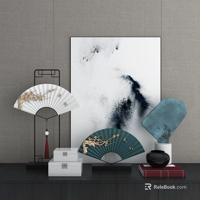 Chinese Style Decorative Ornament Set With Elegant Fans Ink Painting Blue Decorative Piece And Boxes 3d model 