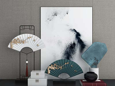 Chinese Style Decorative Ornament Set With Elegant Fans Ink Painting Blue Decorative Piece And Boxes 3d model