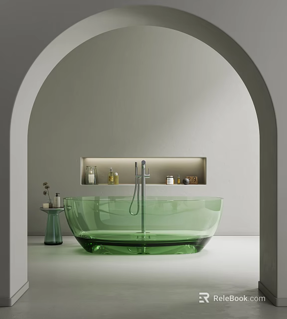 Green Transparent Bathtub In Minimalist Bathroom With Recessed Niche 3d model 