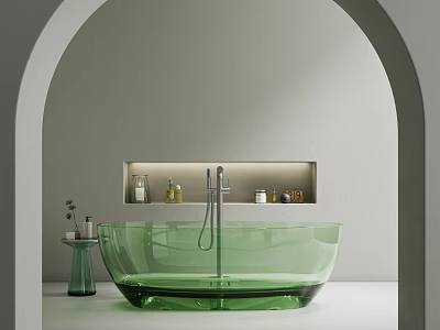 Green Transparent Bathtub In Minimalist Bathroom With Recessed Niche 3d model