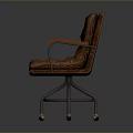 Tufted Brown Leather Armchair With Wooden Arms And Metal Caster Wheels