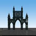Ornate Gothic Entrance Gate With Clock Towers Arches And Blue Sky Stone Pavement