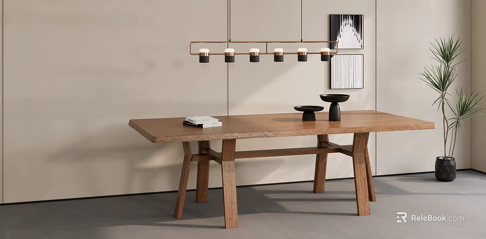 Wooden Dining Table With Hanging Lights Wall Art And Books In Modern Interior 3d model 