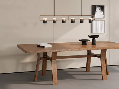 Wooden Dining Table With Hanging Lights Wall Art And Books In Modern Interior 3d model