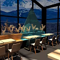 Modern Café Interior With Large Glass Windows Snowy Mountain Views And Art Decorations