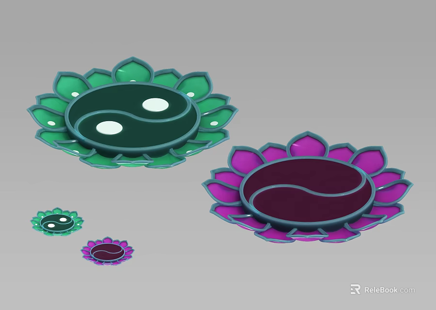 Garden Landscape With Green Purple Lotus Shaped Decorations And Yin Yang Patterns 3d model 