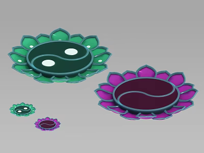 Garden Landscape With Green Purple Lotus Shaped Decorations And Yin Yang Patterns 3d model