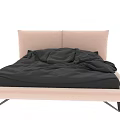 Modern Double Bed With Beige Upholstered Headboard Black Bedding And Floating Frame