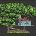 Blue Treehouse Architecture With Red Roof Green Trees Steps And Mushrooms