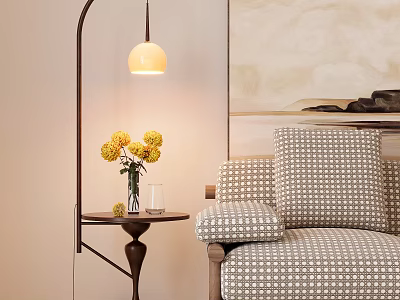 Stylish Floor Lamp By Sofa With Checkered Cushions Side Table And Yellow Flowers 3d model