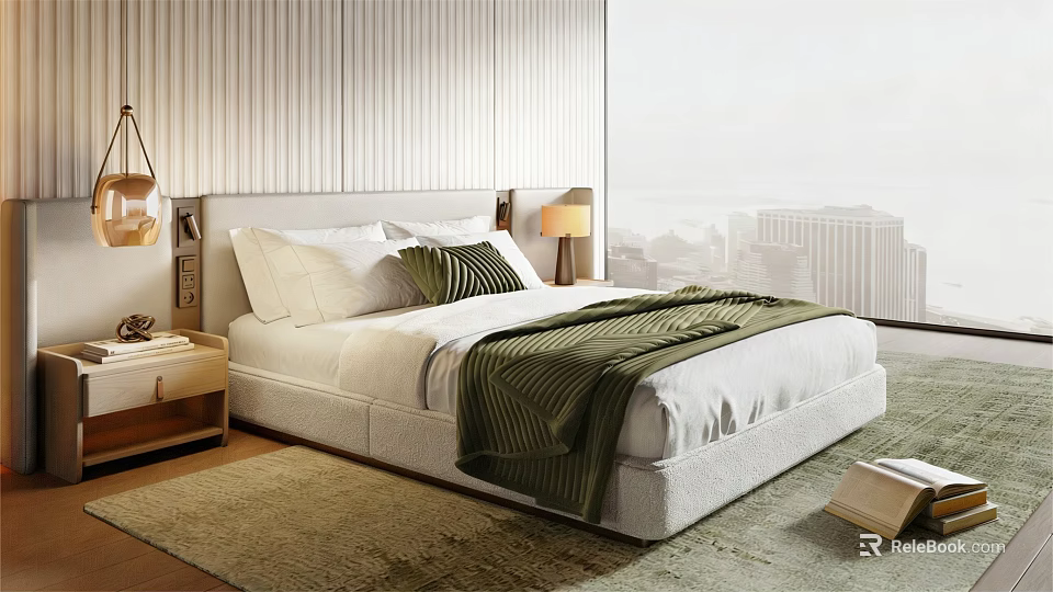 Double Bed with White Sheets Green Striped Blanket Pillows Side Tables Lamps City View Window 3d model 