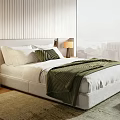 Double Bed with White Sheets Green Striped Blanket Pillows Side Tables Lamps City View Window
