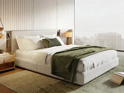 Double Bed with White Sheets Green Striped Blanket Pillows Side Tables Lamps City View Window 3d model