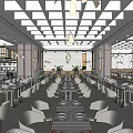 Modern Restaurant Interior With White Grid Ceiling Dining Tables And Spacious Layout