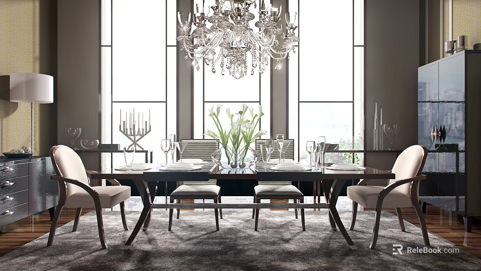 Elegant Dining Table Set With Chandelier Windows Tableware Flowers And Chairs 3d model 