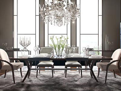 Elegant Dining Table Set With Chandelier Windows Tableware Flowers And Chairs 3d model