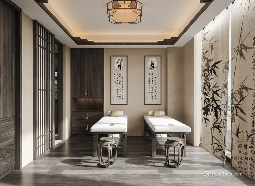 Traditional SPA Sauna Room With Two Massage Tables Calligraphy Paintings Bamboo Decorations And Wooden Elements 3d model 