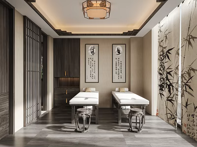 Traditional SPA Sauna Room With Two Massage Tables Calligraphy Paintings Bamboo Decorations And Wooden Elements 3d model