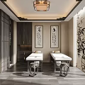 Traditional SPA Sauna Room With Two Massage Tables Calligraphy Paintings Bamboo Decorations And Wooden Elements
