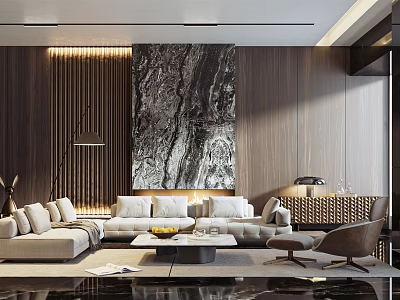 Modern Living Room Interior With Large Marble Artwork And Wooden Panel Walls 3d model