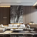 Modern Living Room Interior With Large Marble Artwork And Wooden Panel Walls