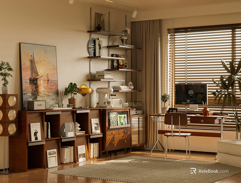 Cozy Study Room Interior With Wooden Bookshelf Desk Computer And Green Plants 3d model 