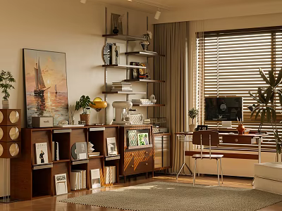 Cozy Study Room Interior With Wooden Bookshelf Desk Computer And Green Plants 3d model