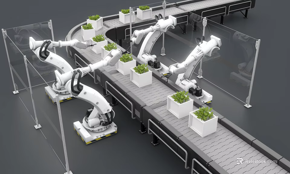 Smart Robotic Arms Handling Plants in White Planters on Conveyor Belt 3d model 