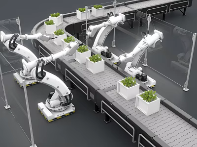 Smart Robotic Arms Handling Plants in White Planters on Conveyor Belt 3d model