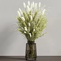 Dark Glass Vase With Green White Decorative Flowers And Herbs On Gray Background