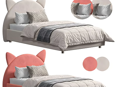 Cute Cat Ear Headboard Double Bed Pink And White with Soft Pillows And Quilt Design 3d model