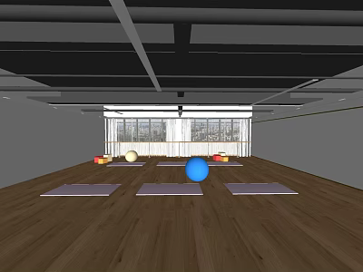Fitness Studio Indoor Space with Yoga Mats and Colored Fitness Balls on Wooden Floor 3d model