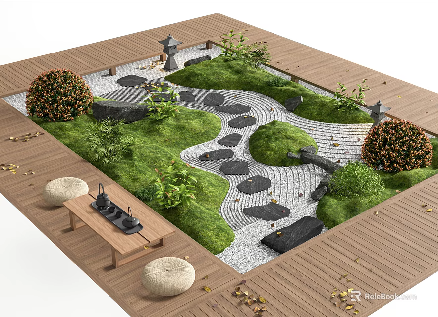 Serene Courtyard Garden with Wooden Deck Green Lawn Stone Pathway and Round Stone Seats 3d model 