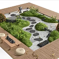 Serene Courtyard Garden with Wooden Deck Green Lawn Stone Pathway and Round Stone Seats