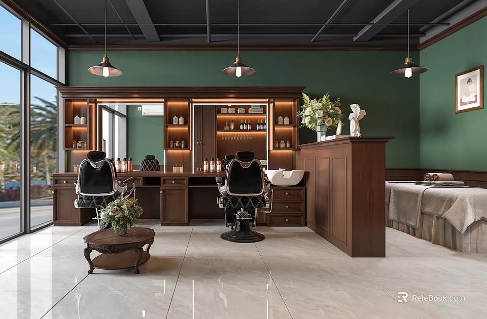 Retro Wooden Beauty Barber Shop Interior Design Features Classic Barber Chairs And Cozy Ambient Lighting 3d model 
