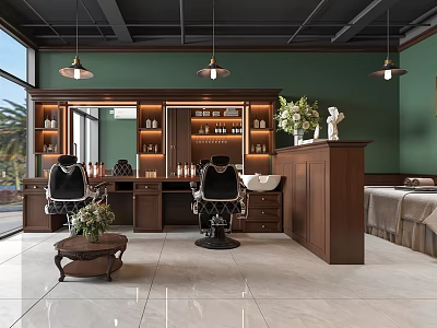 Retro Wooden Beauty Barber Shop Interior Design Features Classic Barber Chairs And Cozy Ambient Lighting 3d model