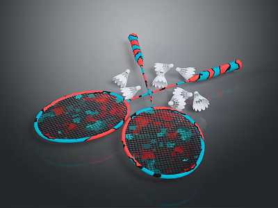Colorful Red And Blue Badminton Rackets With Crossed Design And Shuttlecocks 3d model