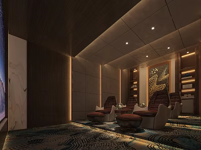 Luxury Home Theater Room With Comfortable Seats Ambient Lighting Decorative Art And Patterned Carpet 3d model