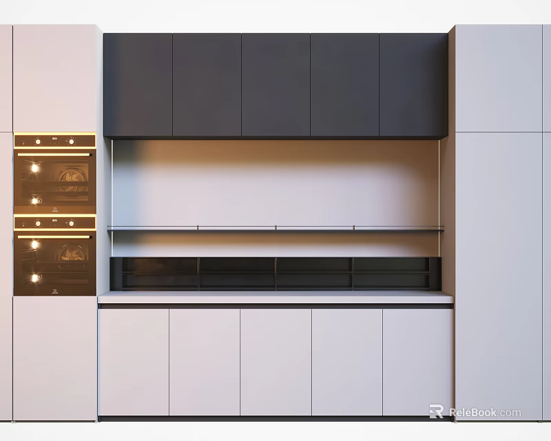 Modern Kitchen Interior With White Lower Cabinets Dark Upper Units And Oven 3d model 