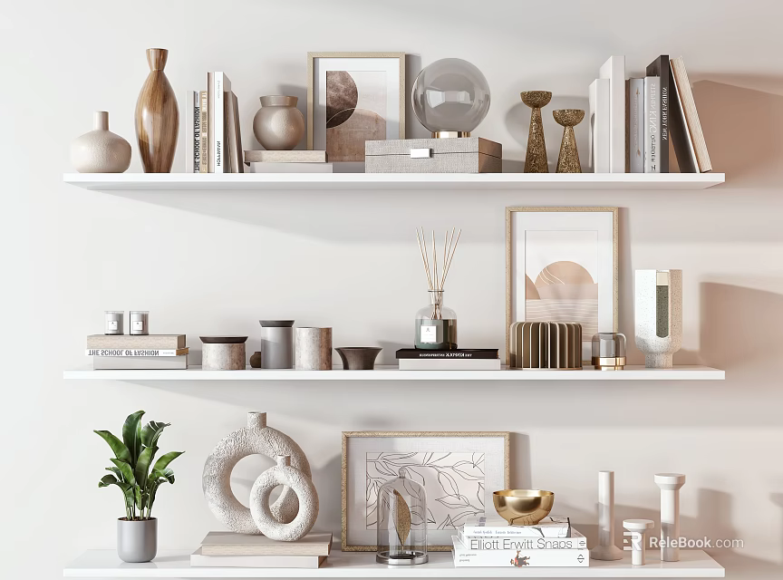 Stylish Decorative Accessories Set On Shelves With Vases Frames Books And Plant 3d model 