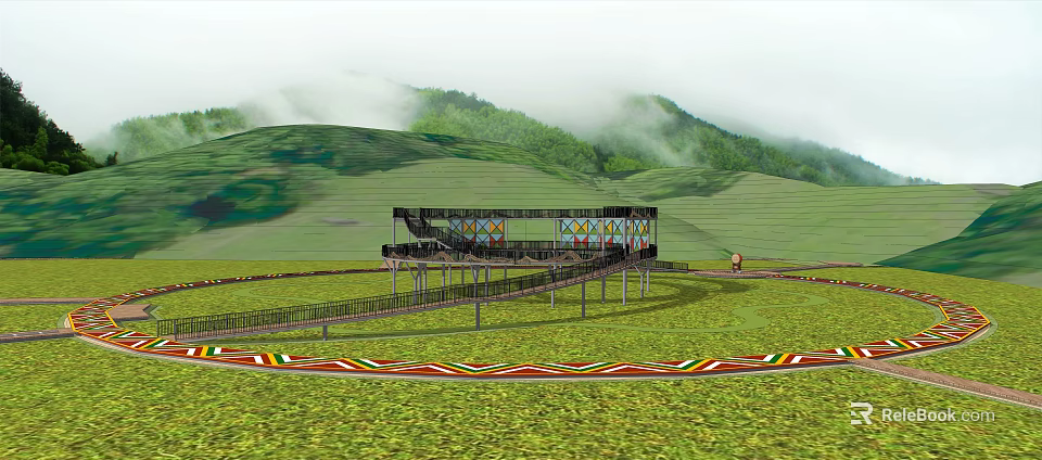 Scenic Elevated Road Structure With Colorful Decorations In Green Mountainous Terraced Fields 3d model 