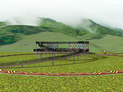 Scenic Elevated Road Structure With Colorful Decorations In Green Mountainous Terraced Fields 3d model