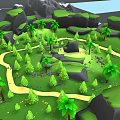 Garden Landscape With Mountains Green Meadows Palm Trees Pine Trees Yellow Flowers Stream And Rocks