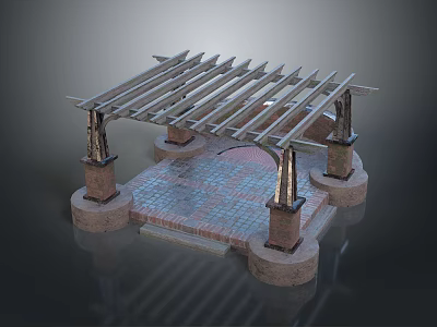 Outdoor Pergola Structure Featuring Wooden Beams Stone Columns Archway And Brick Floor 3d model