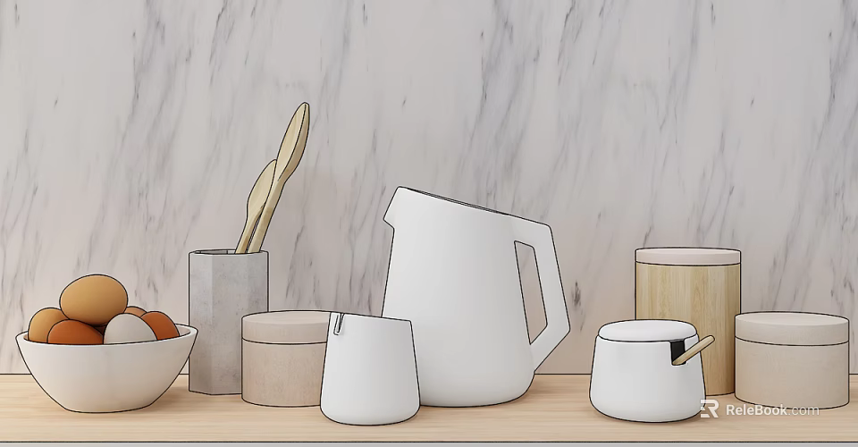 Kitchen Utensils Including Wooden Spoons White Jug And Containers On Wooden Countertop With Marble Background 3d model 
