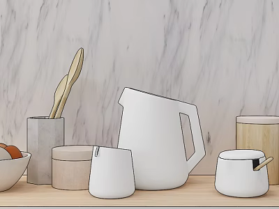 Kitchen Utensils Including Wooden Spoons White Jug And Containers On Wooden Countertop With Marble Background 3d model