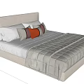 Modern Double Bed Featuring Upholstered Headboard White Gray Red Orange Striped Pillows And Gray Bedspread