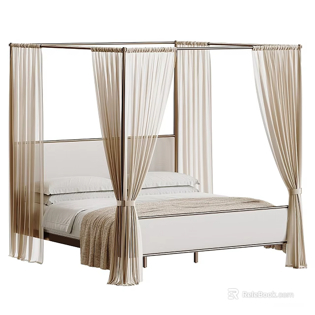 Four Poster Double Bed with Beige Curtains Light Headboard White Sheets and Beige Blanket 3d model 