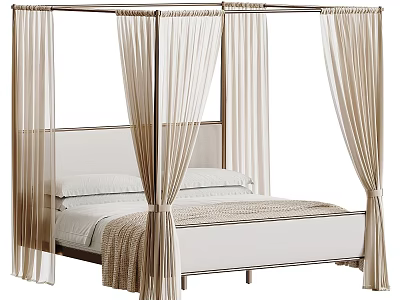 Four Poster Double Bed with Beige Curtains Light Headboard White Sheets and Beige Blanket 3d model