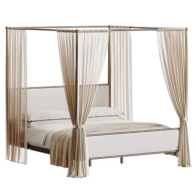Four Poster Double Bed with Beige Curtains Light Headboard White Sheets and Beige Blanket 3d model